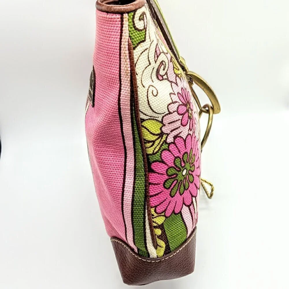 Isabella Fiore Pink Green Floral Canvas Brown Pebbled Leather Trim Bag